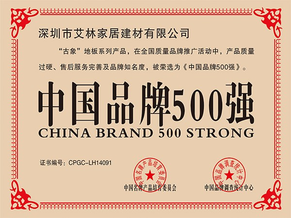 中國(guó)品牌500強(qiáng)證書